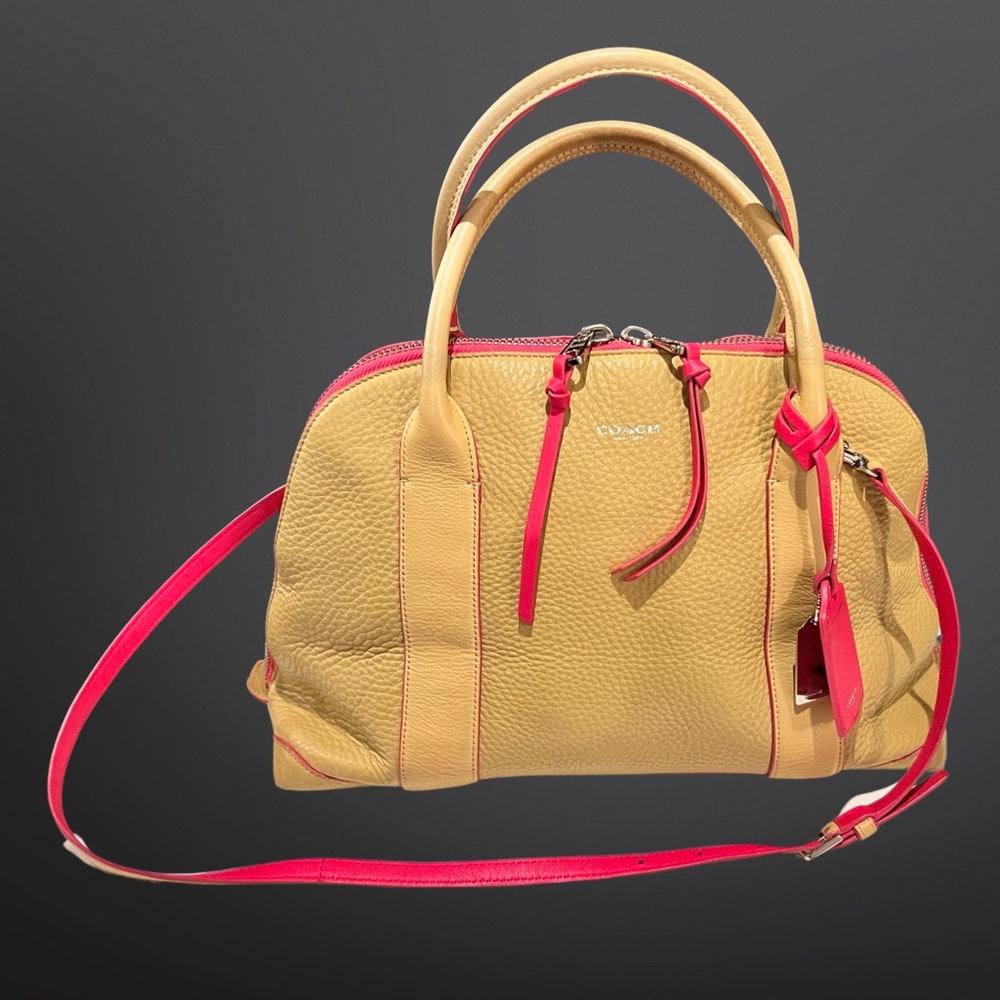 Coach Tan Leather Bag w/ Bright Pink Trim  & Sliver Hardware, Detachable Strap